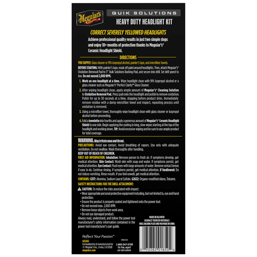 Meguiar's Quik Solutions Heavy Duty Headlight Restoration Kit – Clear Shine for Cloudy, Yellowed Headlights