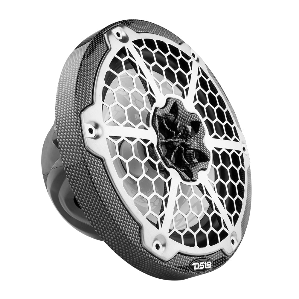 DS18 Hydro 8-inch 2-Way Marine Speakers with RGB LED Lights - 125W RMS, 4-Ohm - Black Carbon Fiber