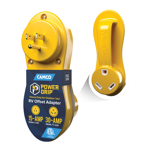 Camco PowerGrip 55138 Offset Adapter, 15-Amp Male to 30-Amp Female