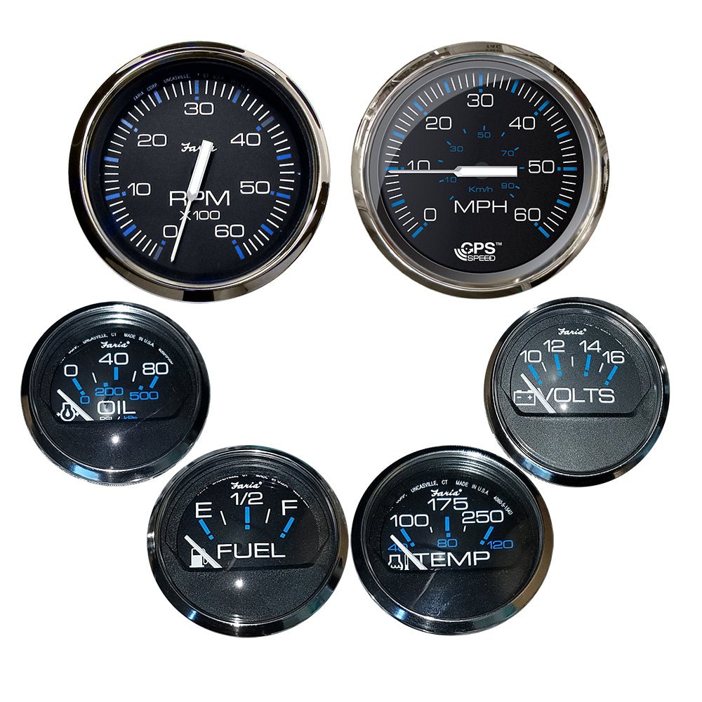 Faria Chesapeake Black w/Stainless Steel Bezel Boxed Set of 6 - Speed, Tach, Fuel Level, Voltmeter, Water Temperature & Oil PSI - Inboard Motors - Marine Parts OnlyMarine Navigation & InstrumentsFaria Beede Instruments