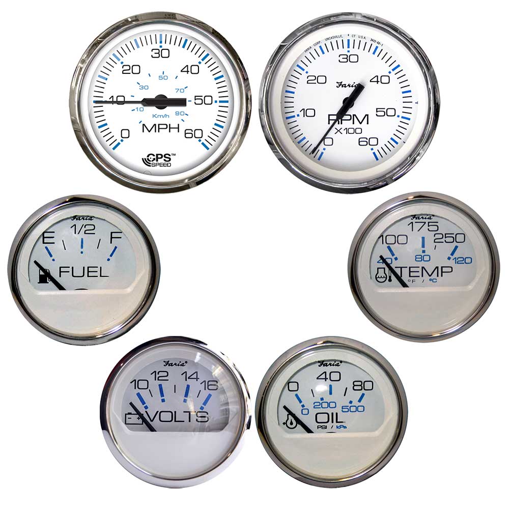 Faria Chesapeake White w/Stainless Steel Bezel Boxed Set of 6 - Speed, Tach, Fuel Level, Voltmeter, Water Temperature & Oil PSI - Inboard Motors - Marine Parts OnlyMarine Navigation & InstrumentsFaria Beede Instruments