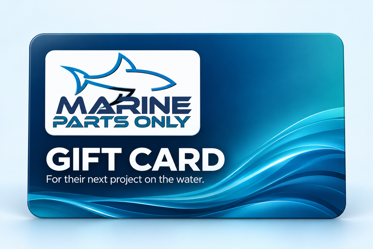 Marine Parts Only gift card with shark logo and navy and teal waves