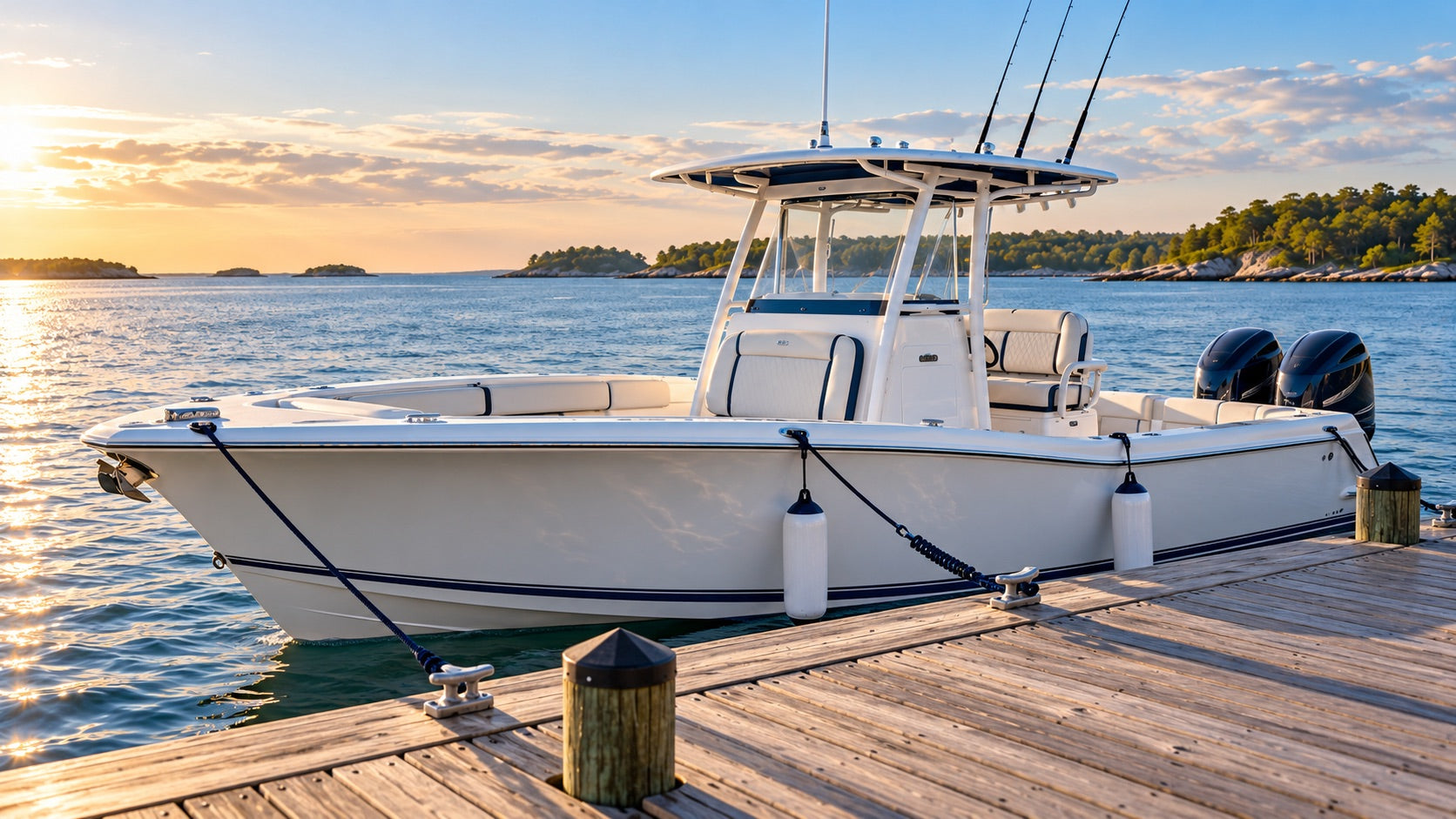 White center-console boat moored alongside a wooden dock with visible dock lines and white fenders