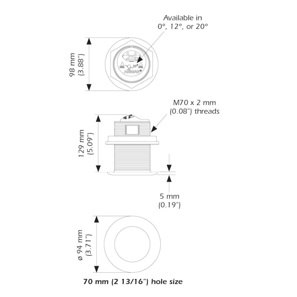 Airmar B75HW High-Wide CHIRP Transducer, B75C-20-HW-MM, 20° Deadrise, 600W Thru-Hull