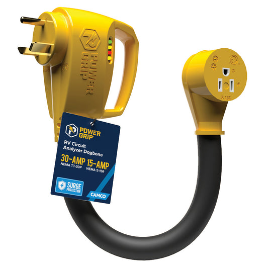 Camco Power Grip 12-Inch 30-Amp/15-Amp Circuit Analyzer Dogbone with Integrated Surge Protection, Part 55461