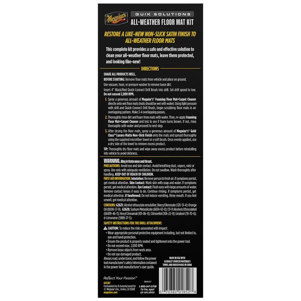 Meguiar's Quik Solutions All-Weather Floor Mat Kit for Deep Cleaning and UV Protection