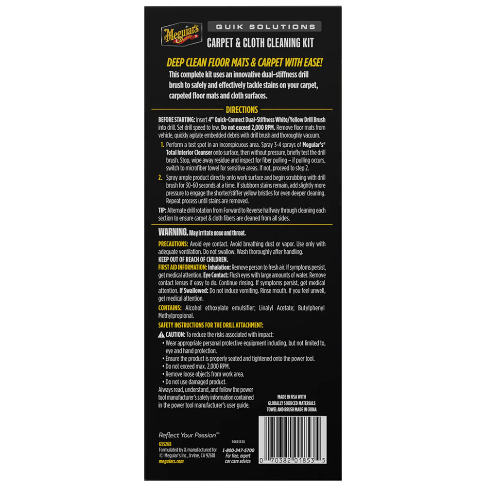 Meguiar's Quik Solutions Carpet & Cloth Cleaning Kit – Multi-Surface Interior Detailing with Drill-Attachable Brush