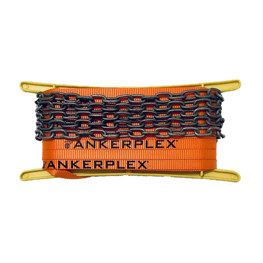 Ankerplex Flat Anchor Line with Chain for Vessels up to 15 ft – 25 ft Polyester Tape with 3 ft Galvanized Chain on Storage Reel