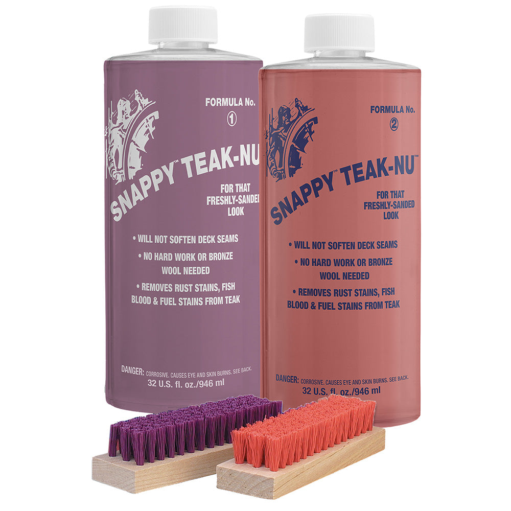 Snappy Teak-Nu Restoration Kit – 32 oz with Formula No. 1 & No. 2 and Bristle Brush for Fine Wood & Teak