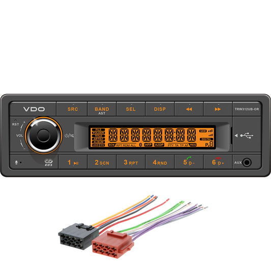 VDO 12V Radio with FM RDS Tuner, MP3/WMA, USB, Bluetooth – Orange Illumination with Power Speaker Wire Harness