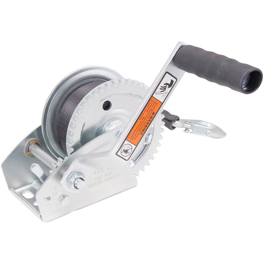 Load Rite Single-Speed Trailer Winch 1100 lbs Capacity with 20 ft Strap and 7-Inch Handle