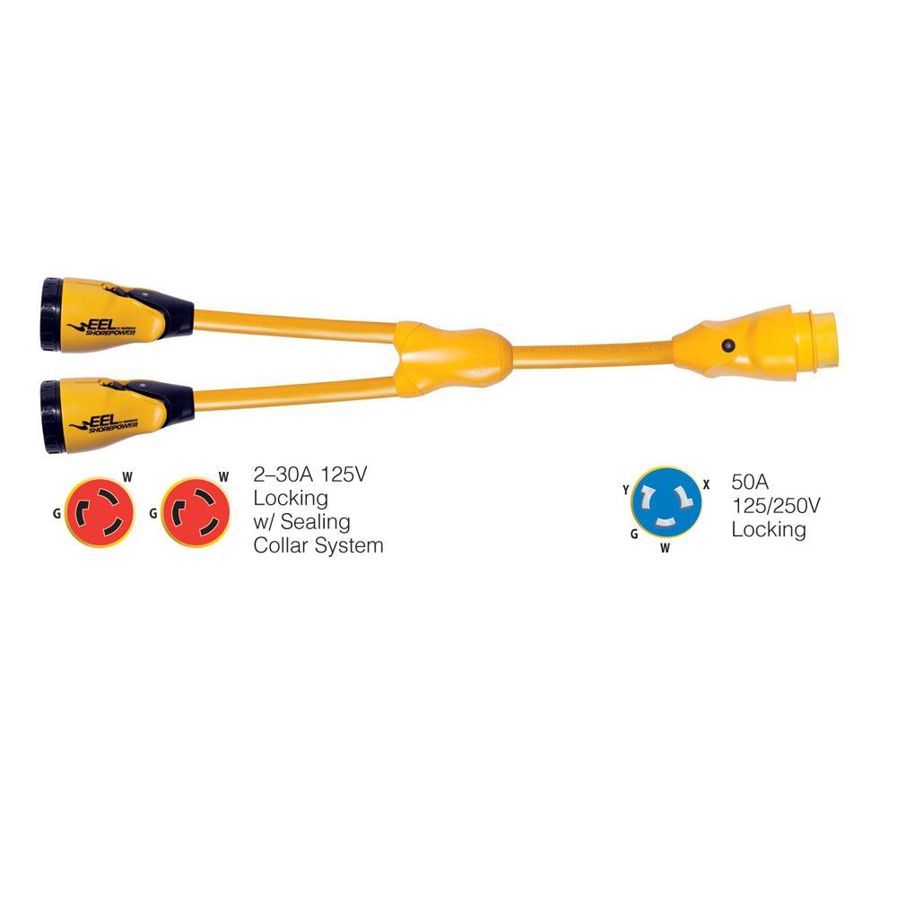 Marinco Y504-2-30 EEL Y Adapter, (2) 30A 125V Female to 50A 125/250V Male, Yellow