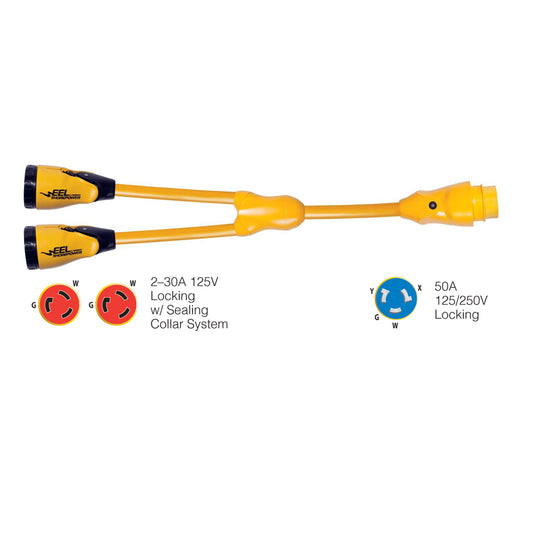 Marinco Y504-2-30 EEL Y Adapter, (2) 30A 125V Female to 50A 125/250V Male, Yellow