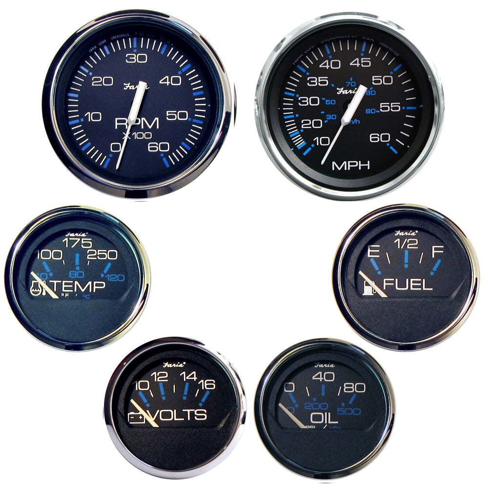 Faria Beede Instruments Chesapeake Black Stainless Steel Boxed Set for Inboard Motors – 6 Gauge Marine Instrument Cluster