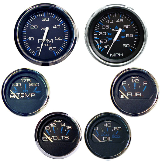 Faria Beede Instruments Chesapeake Black Stainless Steel Boxed Set for Inboard Motors – 6 Gauge Marine Instrument Cluster