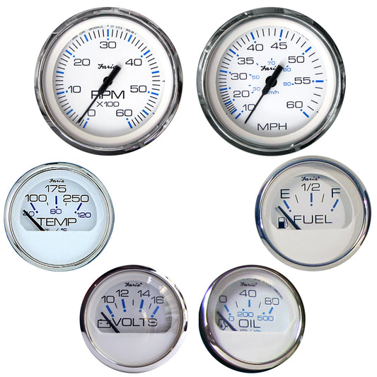 Faria Chesapeake White SS Boxed Set for Inboard Motors – 6 Gauge Marine Instrument Package