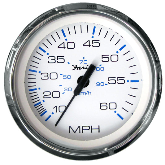 Faria Beede Instruments Chesapeake White SS 4-Inch Speedometer – 60 MPH (Pitot, Dual Scale, Stainless Steel Bezel)