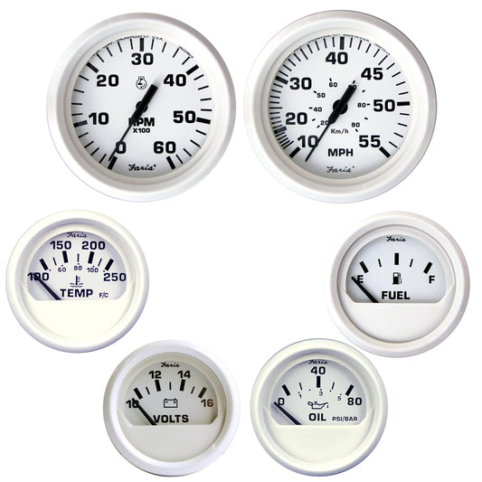 Faria Beede Instruments Dress White Boxed Set for Inboard Motors – 6 Gauge Marine Instrument Cluster
