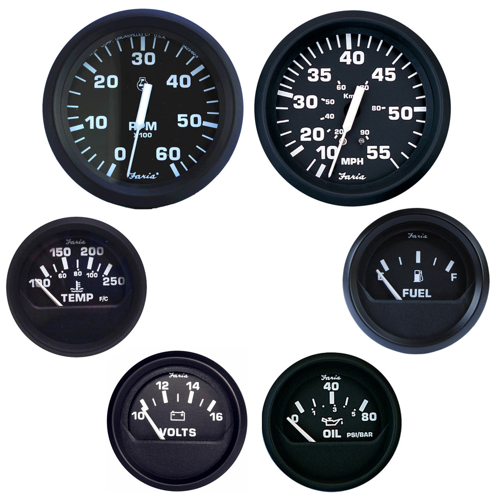 Faria Beede Instruments Euro Black Boxed Set for Inboard Motors – 6 Gauge Marine Instrument Panel