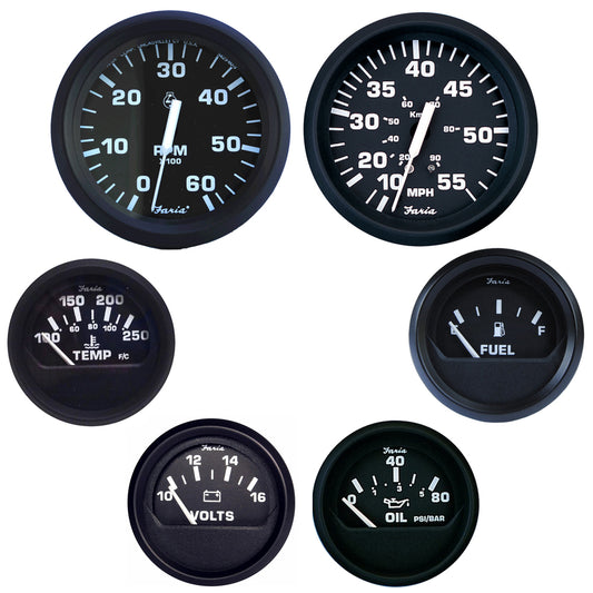Faria Beede Instruments Euro Black Boxed Set for Inboard Motors – 6 Gauge Marine Instrument Panel