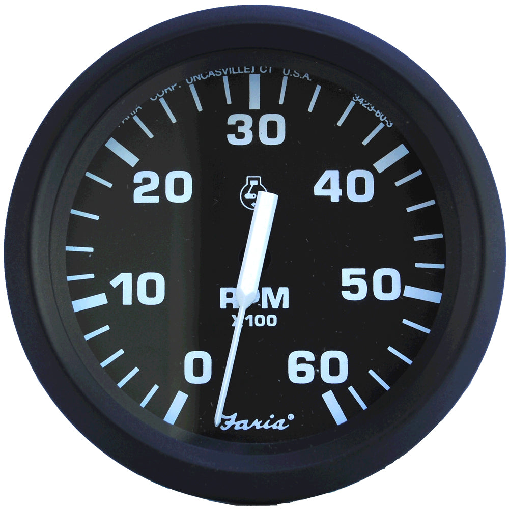 Faria Beede Instruments Euro Black 4-Inch Tachometer – 6,000 RPM for Gas Inboard & I/O Engines