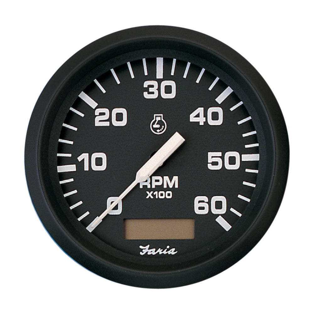 Faria Beede Instruments Euro Black 4-Inch Tachometer with Hourmeter - 6,000 RPM for Gas Inboard Engines