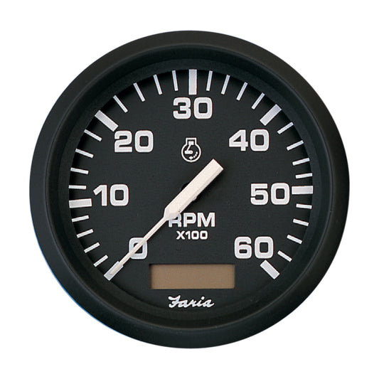 Faria Beede Instruments Euro Black 4-Inch Tachometer with Hourmeter - 6,000 RPM for Gas Inboard Engines