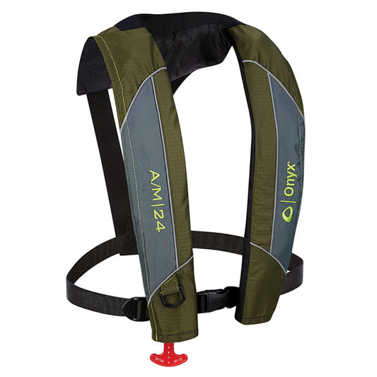 Onyx Outdoor A/M-24 Automatic/Manual Inflatable PFD Life Jacket, Green – Part Number 132000-400-004-18