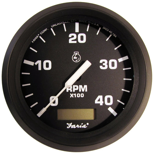 Faria Beede Instruments Euro Black 4-Inch Tachometer with Hourmeter for Diesel Engines (4000 RPM, Mechanical Takeoff, Variable Ratio Alt.)