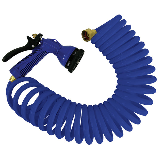 Whitecap 25 ft Blue Coiled Hose with Adjustable Nozzle - Durable Polyurethane Construction