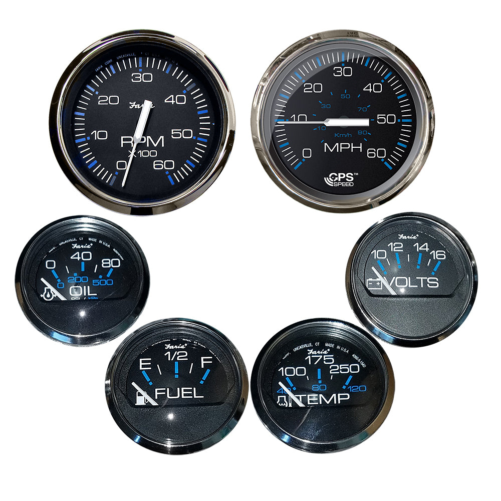 Faria Chesapeake Black Inboard Motor Gauge Set with Stainless Steel Bezel – 6-Piece Marine Instrument Package