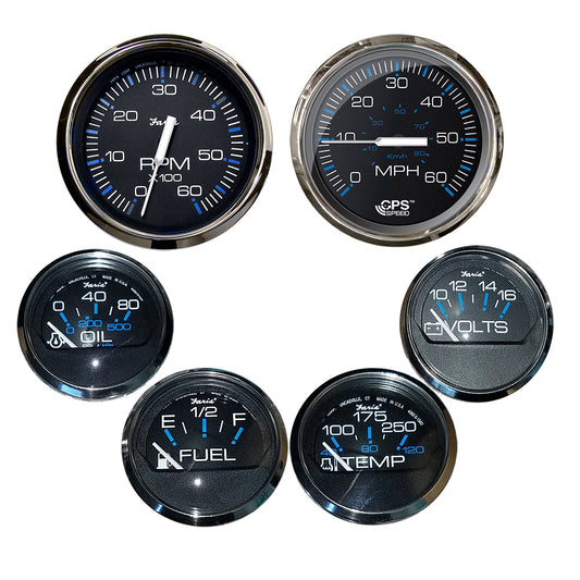 Faria Chesapeake Black Inboard Motor Gauge Set with Stainless Steel Bezel – 6-Piece Marine Instrument Package