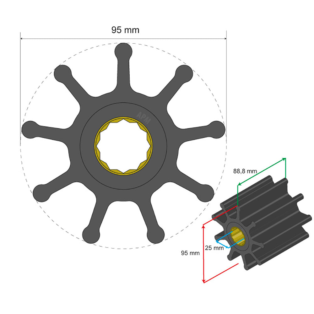 Albin Group Premium Impeller Kit 95 x 25 x 88.8mm – 9 Blade with Spline Insert for Marine Pumps