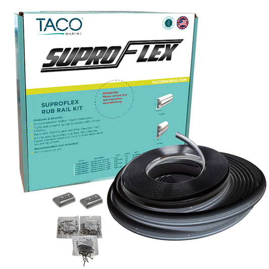 TACO Marine SuproFlex Rub Rail Kit - Black with Flex Chrome Insert, 1.6 Inches High x 0.78 Inches Wide, 60 Feet Length - Lightweight & Impact-Resistant Vinyl Rail System