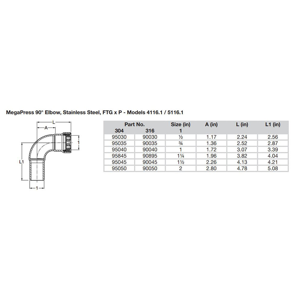 Viega MegaPress 1-Inch 90-Degree Stainless Steel 304 Elbow with Press Connection and Smart Connect Technology
