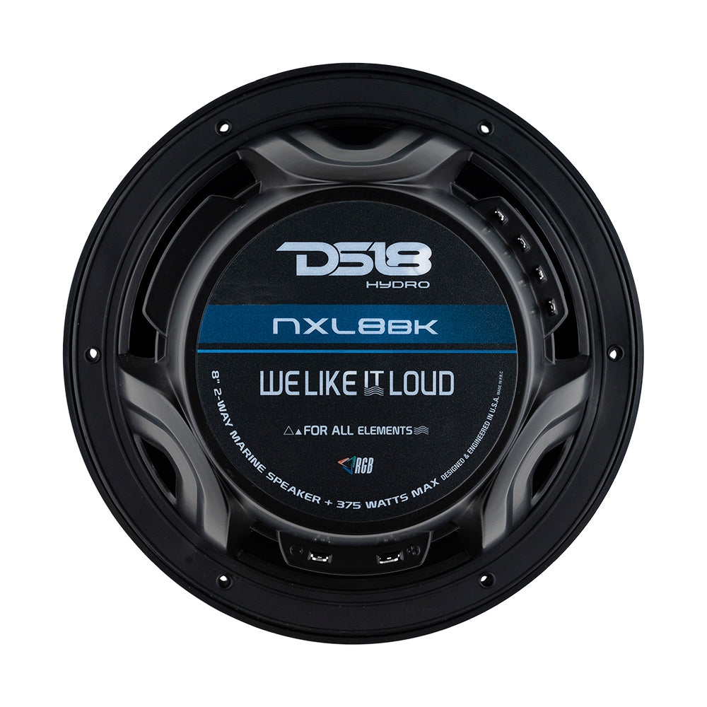 DS18 Hydro 8-Inch 2-Way Marine Speakers with RGB LED Lights – Matte Black, 375W RMS Power, Waterproof IP65, UV Stable, High-Gloss Composite