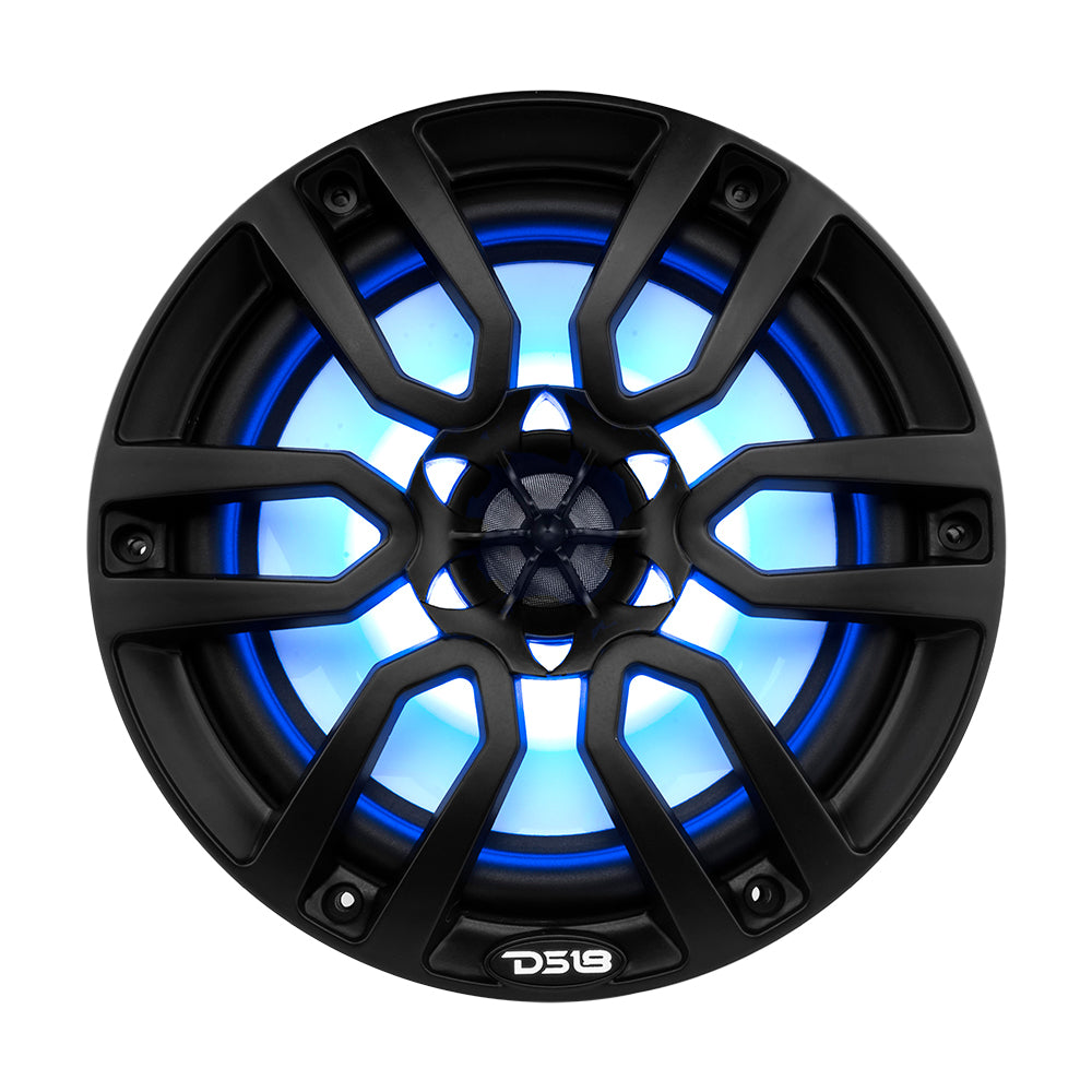 DS18 Hydro 8-Inch 2-Way Marine Speakers with RGB LED Lights – Matte Black, 375W RMS Power, Waterproof IP65, UV Stable, High-Gloss Composite
