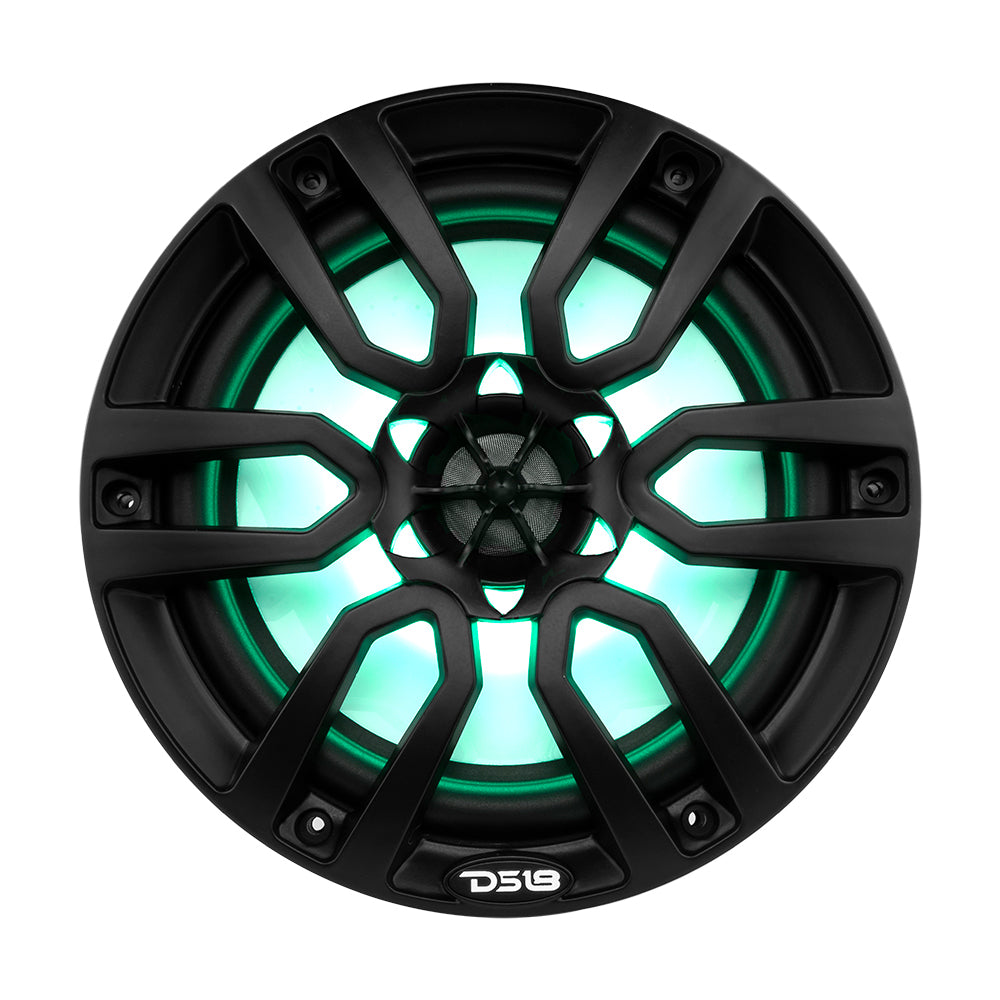 DS18 Hydro 8-Inch 2-Way Marine Speakers with RGB LED Lights – Matte Black, 375W RMS Power, Waterproof IP65, UV Stable, High-Gloss Composite