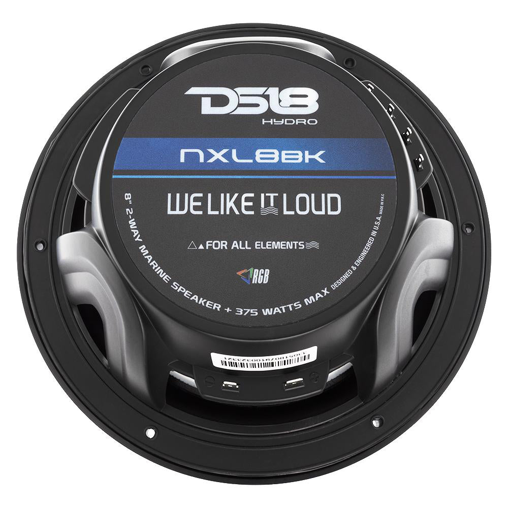 DS18 Hydro 8-Inch 2-Way Marine Speakers with RGB LED Lights – Matte Black, 375W RMS Power, Waterproof IP65, UV Stable, High-Gloss Composite
