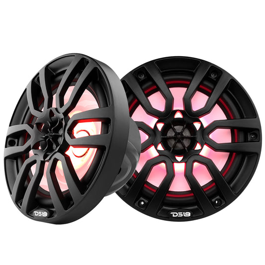 DS18 Hydro 8-Inch 2-Way Marine Speakers with RGB LED Lights – Matte Black, 375W RMS Power, Waterproof IP65, UV Stable, High-Gloss Composite