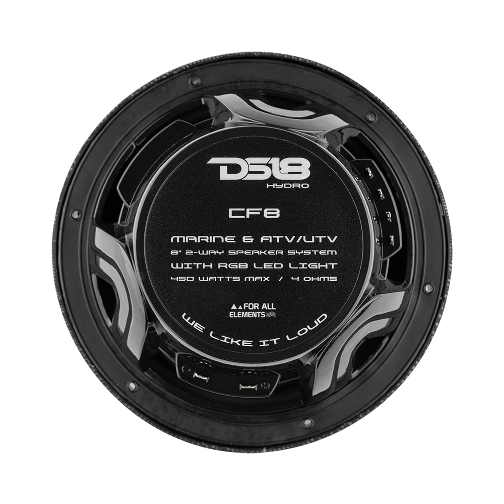 DS18 Hydro 8-inch 2-Way Marine Speakers with RGB LED Lights - 125W RMS, 4-Ohm - Black Carbon Fiber