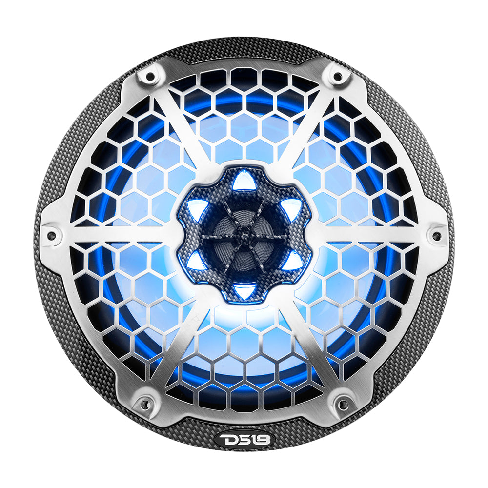 DS18 Hydro 8-inch 2-Way Marine Speakers with RGB LED Lights - 125W RMS, 4-Ohm - Black Carbon Fiber