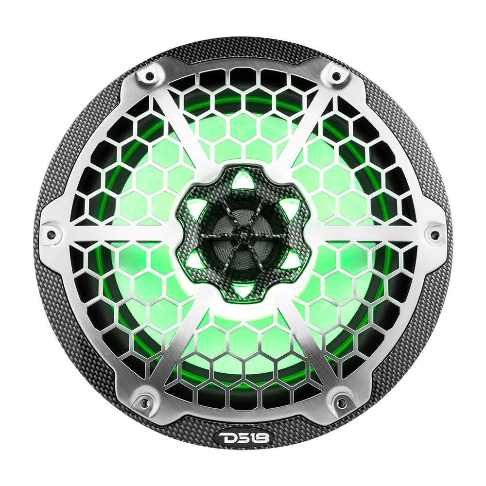 DS18 Hydro 8-inch 2-Way Marine Speakers with RGB LED Lights - 125W RMS, 4-Ohm - Black Carbon Fiber