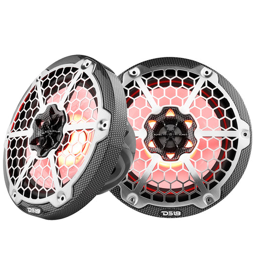 DS18 Hydro 8-inch 2-Way Marine Speakers with RGB LED Lights - 125W RMS, 4-Ohm - Black Carbon Fiber