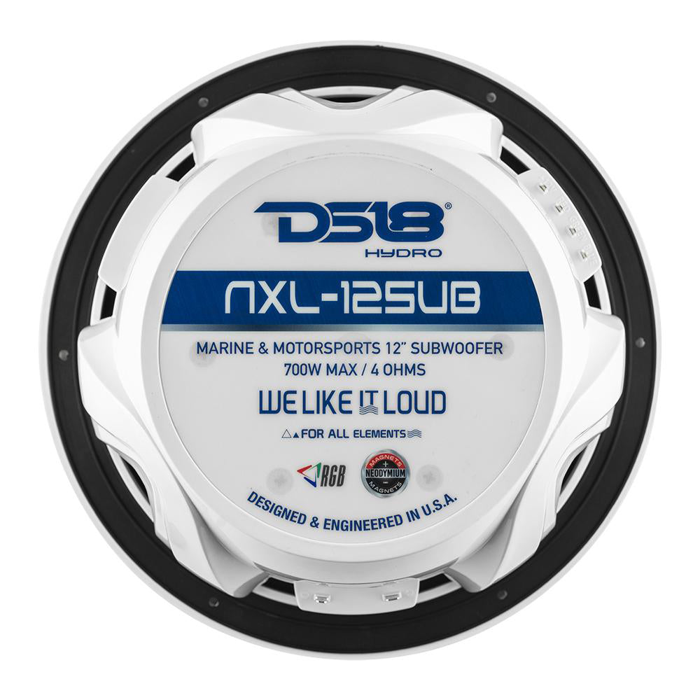 DS18 Hydro 12-Inch Marine Subwoofer with RGB Lights - 700W, White, Model NXL-12SUB/WH