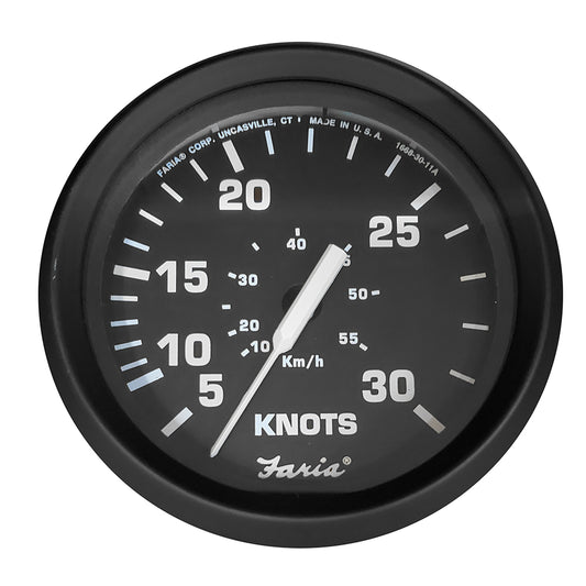 Faria Beede Instruments Euro Black 4-Inch Speedometer – 30 Knot Pitot Tube Water Speed Gauge with Dual Imperial and Metric Scales