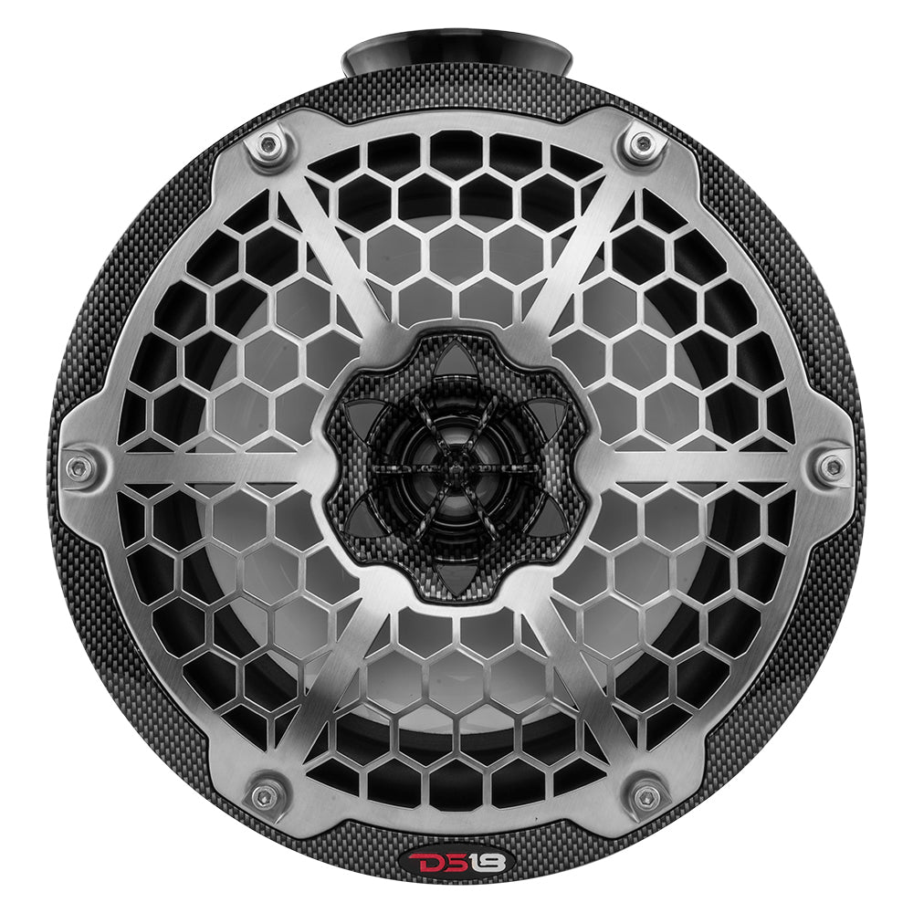 DS18 Hydro 8-Inch Compact Wakeboard Pod Tower with RGB Lighting – Waterproof Marine Speaker, 375W Max Power, Black Carbon Fiber