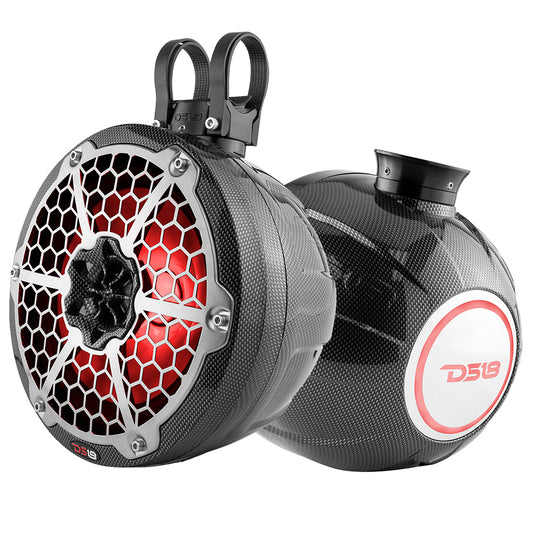 DS18 Hydro 8-Inch Compact Wakeboard Pod Tower with RGB Lighting – Waterproof Marine Speaker, 375W Max Power, Black Carbon Fiber
