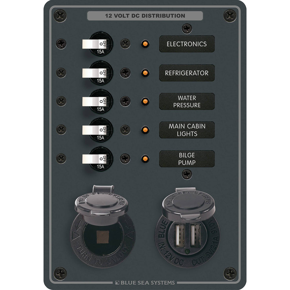 Blue Sea Systems 8120 5-Position 12V DC Battery Management Panel with Dual USB and 12V Socket