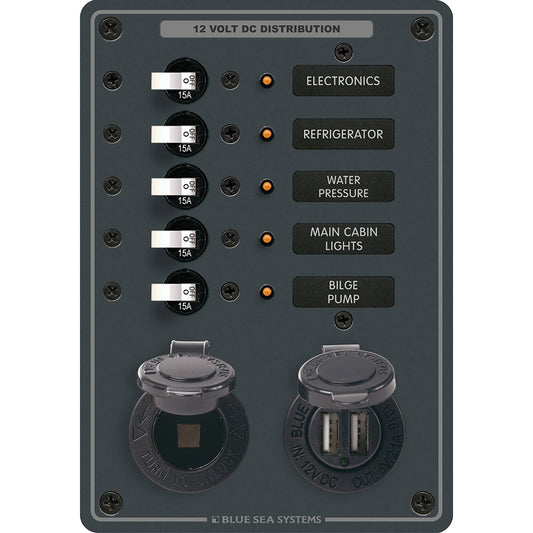 Blue Sea Systems 8120 5-Position 12V DC Battery Management Panel with Dual USB and 12V Socket